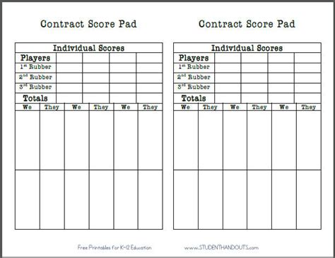 Contract Bridge Score Sheets Printable